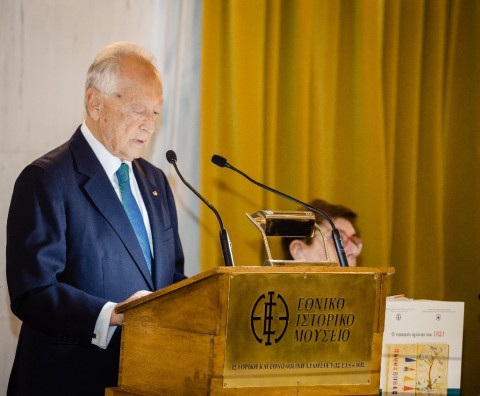 Ο κος Ευθύμιος Η. Μητρόπουλος, Επίτιμος Γ. Γραμματέας του Διεθνούς Ναυτιλιακού Οργανισμού (ΙΜΟ) και Πρόεδρος του Ιδρύματος «Μαρία Τσάκος» κατά την διάρκεια της ομιλίας του.